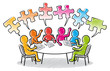 Farbige Strichmännchen: Meeting am runden Tisch mit Puzzleteil-Sprechblasen
