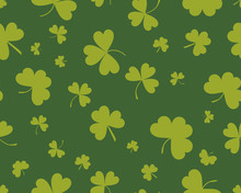 St Patrick's Day Background With Three Leaves Clover. Different Shades Of Green Color. The Symbol Of Ireland. The Irish Pattern. Vector Seamless Backdrop