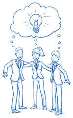 Wall Mural - Happy business team, men and women, sharing their ideas, concept of good teamwork. Hand drawn line art cartoon vector illustration.