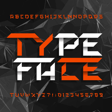 Decorative alphabet typeface. Geometric type letters and numbers on a grey polygonal background. Vector font for your design.