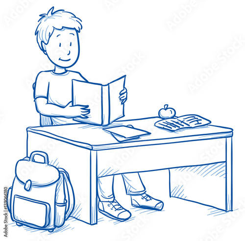 Cute Little Boy Sitting At School Desk Reading A Book Hand Drawn