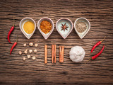 Fototapeta Zwierzęta - Various herbs and spices in Ceramic cup. Flat lay of spices ingredients chilli ,pepper, garlic,dries  cinnamon,star anise, nutmeg, shallot ,bay leaves  on  wooden background.