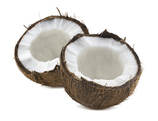 Wall Mural - 2 broken coconut half pieces isolated on white