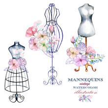 Set Of Watercolor Retro Mannequins And Flowers, Set Of Logo Mockups, Hand Drawn Isolated On A White Background
