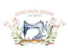 Mockup Of Logo With Watercolor Retro Sewing Machine And Floral Elements, Hand Drawn Isolated On A White Background