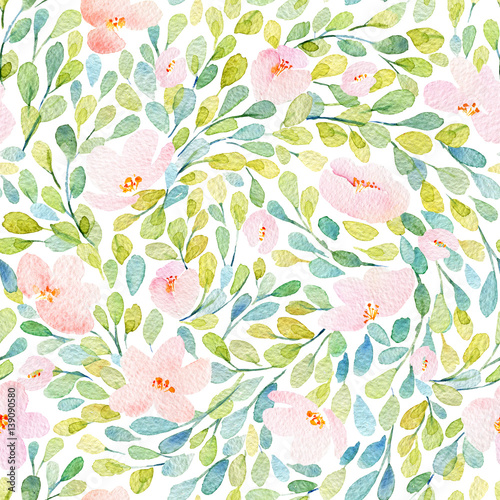 Cotton fabric Seamless pattern with lovely pink flowers. Watercolor illustration. Composition with floral elements.