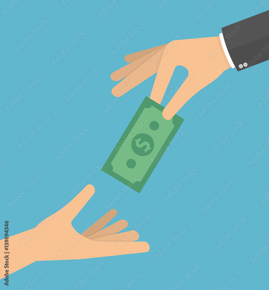 Hand giving money bill to another hand. Giving money to the poor or helping  the poor concept. Vector illustration in flat style Stock Vector | Adobe  Stock, image size:927x1000