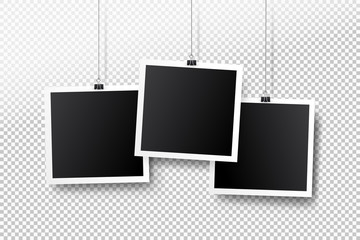 Wall Mural - blank photo frame set hanging on a clip. retro vintage style. black empty place for your text or pho