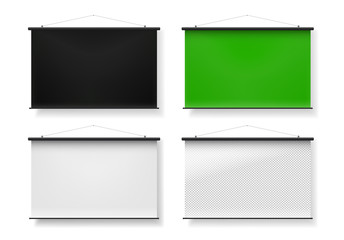 Blank realistic set of portable projection screen. The black, green, white, transparent. Vector illustration. Isolated on white background.