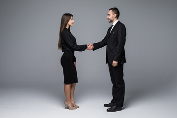 Business man and business woman handshake on gray background