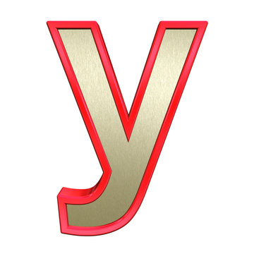 One lower case letter from brushed gold with red frame alphabet set, isolated on white. 3D illustration.