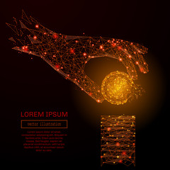 Poster - Abstract mash line and point hand holding dollar coin on background with an inscription. Starry sky or space, consisting of stars and the universe. Vector business illustration