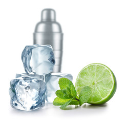Canvas Print - Lime, mint, ice cubes and metal cocktail shaker on white background