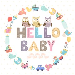 Baby shower card with a text Hello baby