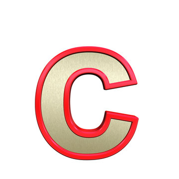 One lower case letter from brushed gold with red frame alphabet set, isolated on white. 3D illustration.