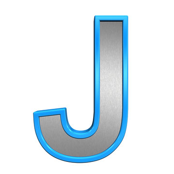 One letter from brushed silver with blue frame alphabet set, isolated on white. 3D illustration.