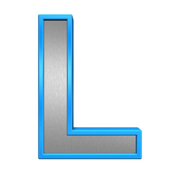 One letter from brushed silver with blue frame alphabet set, isolated on white. 3D illustration.