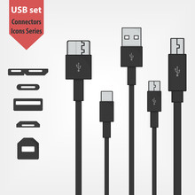Set Of Usb Connectors. USB 3.0 Type A And B, Micro And Mini USB Cables And Sockets. Universal Serial Bus Minimalistic Icons. Hard Disk, Smartphone And Digital Devices Support