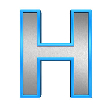 One letter from brushed silver with blue frame alphabet set, isolated on white. 3D illustration.