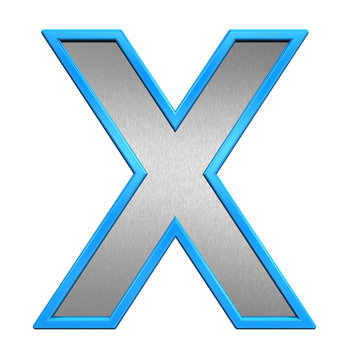 One letter from brushed silver with blue frame alphabet set, isolated on white. 3D illustration.