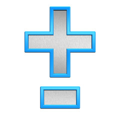 Poster - Hyphen, minus, plus marks from brushed silver with blue frame alphabet set, isolated on white. 3D illustration.