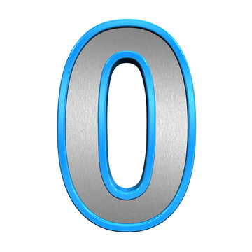 One digit from brushed silver with blue frame alphabet set, isolated on white. 3D illustration.