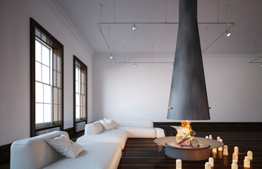 Fireplace with hanging chimney