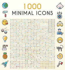 Fototapete - Set of 1000 Minimalistic Solid Line Colored . Isolated Vector Elements
