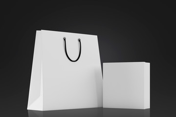 Wall Mural - White blank box and shopping bag on a black background. Mock up. 3d rendering