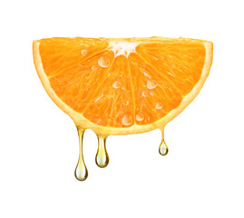 Wall Mural - drops of juice falling from orange half isolated on white background