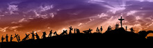Way Of The Cross Or Stations Of The Cross Silhouettes Of Jesus Christ Carrying His Cross On Calvary Hill, With Cloudy Dark Sky And Sun Light Rays. Abstract Religious Lent Illustration.
