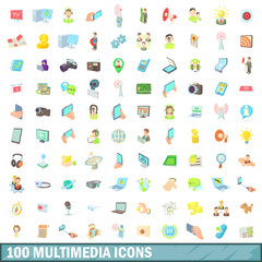Poster - 100 multimedia icons set, cartoon style