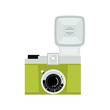 Green and silver analog film camera icon. Flat vector illustration. Front view.