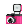 Pink and black analog film camera with flash. Flat vector illustration. Side view.