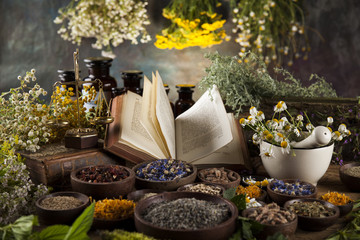 herbal medicine and book on wooden table background