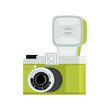 Green and silver analog film camera with flash. Flat vector illustration. Side view.