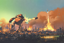 The Giant Robot Launching Rocket Punch Destroy The City,illustration Painting