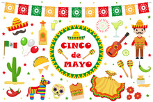 Cinco De Mayo Celebration In Mexico, Icons Set, Design Element, Flat Style.Collection Objects For Cinco De Mayo Parade With Pinata, Food, Sambrero, Tequila Cactus, Flag. Vector Illustration, Clip Art