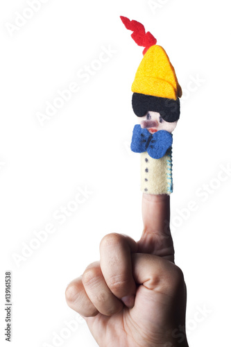 Wooden Pinocchio doll isolated on white background.