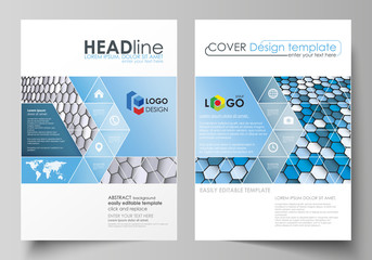 Poster - Business templates for brochure, magazine, flyer, report. Cover design template, vector layout in A4 size. Blue and gray color hexagons in perspective. Abstract polygonal style background.