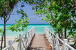 natural gorgeous amazing view of wooden bridge leading to the beach through tropical garden