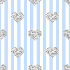  seamless silver glitter pixel heart pattern on blue stripe background