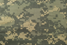 Universal Camouflage Pattern, Army Combat Uniform Digital Camo, USA Military ACU Macro Closeup Rip-stop Fabric Texture Background Crumpled Wrinkled Foliage Green Desert Sand Tan NYCO Cotton Horizontal