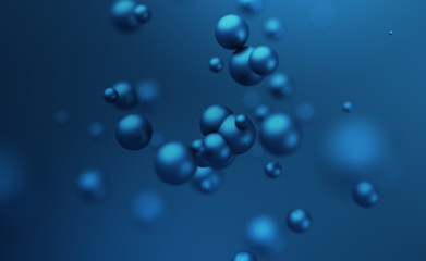 Poster - Abstract 3d rendering of chaotic spheres. Flying particles in empty space. Dynamic shape. Futuristic background with bokeh, depth of field effect. Design for poster, banner, placard.