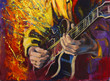 Jazz guitarists hands, playing guitar, with multicolored fantasy background. Original artwork in acrylic on canvas