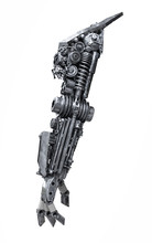 Rear View Metallic Robot Hand Made From Machine Part Isolated On White Background With Clipping Path
