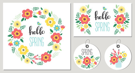 Wall Mural - Hello spring floral card set. Flower wreth. Vector illustration