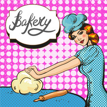 Vector Illustration Of Woman Kneading Pastry, Pop Art Style
