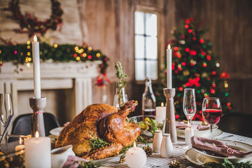 Roasted turkey on holiday table