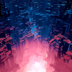 Fusion reaction city / 3D illustration of futuristic science fiction city above hot gaseous glow